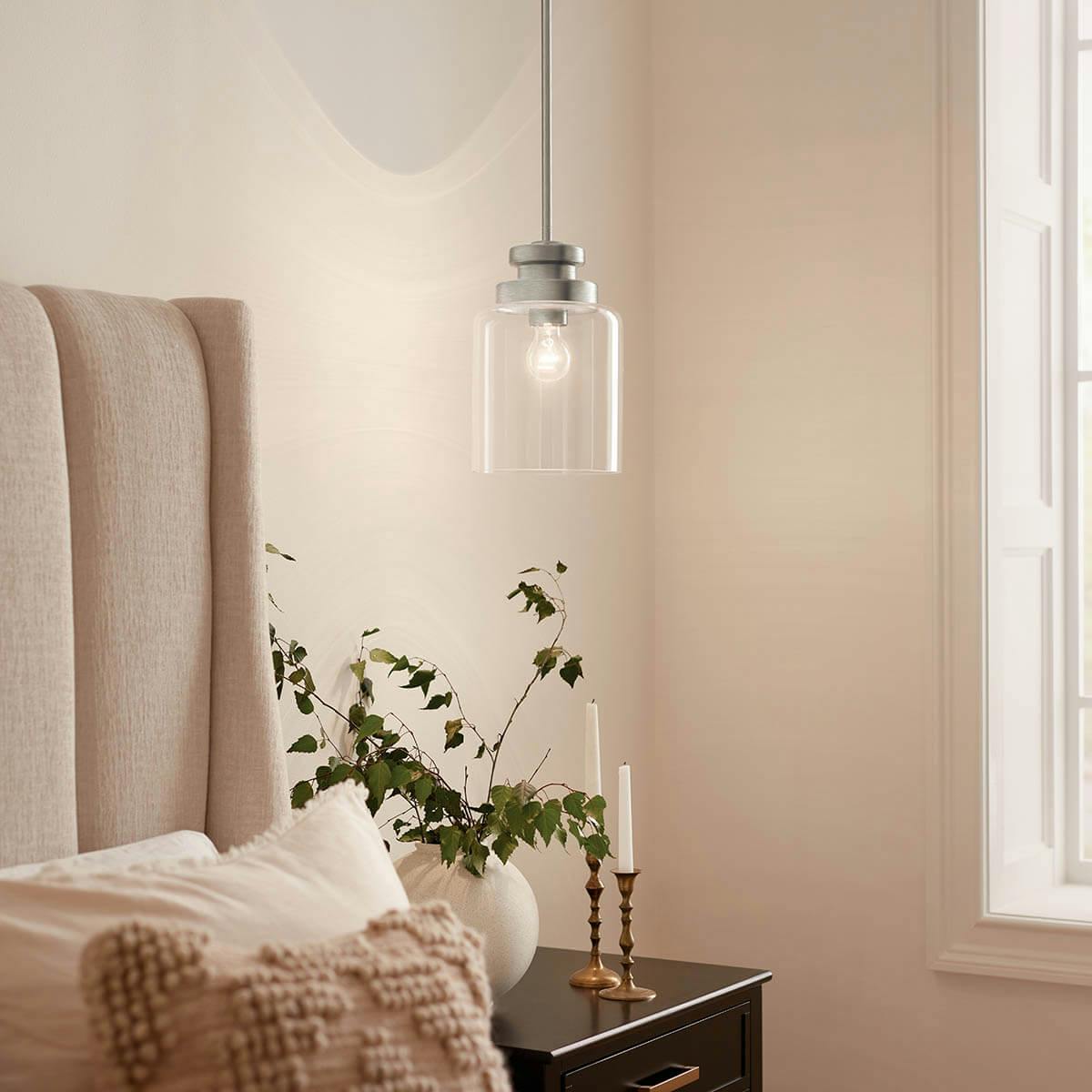 Day time bedroom with Annabeth 8" 1 Light Mini Pendant Brushed Nickel