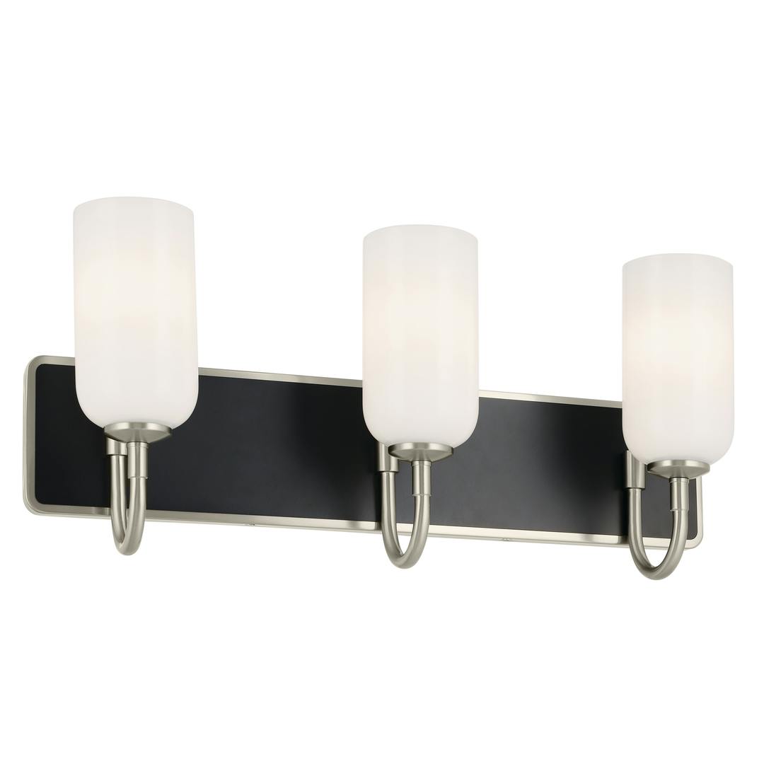 Solia 24 Inch 3 Light Vanity with Opal Glass in Brushed Nickel with Black on a white background