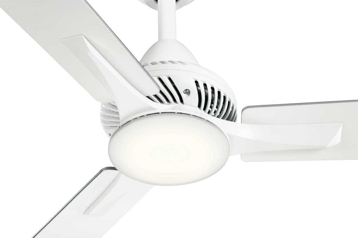 Close up view of the 52" Kosmus LED Fan in Matte White on a white background