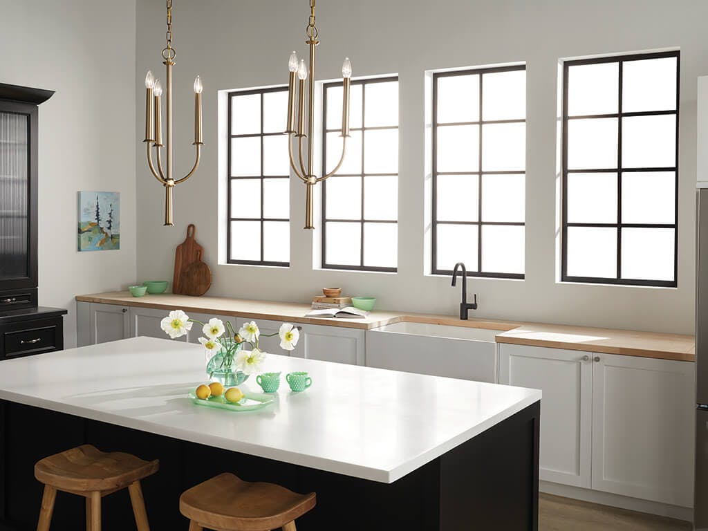 Day time kitchen with Florence 28.5" 3 Light Pendant Brushed Natural Brass