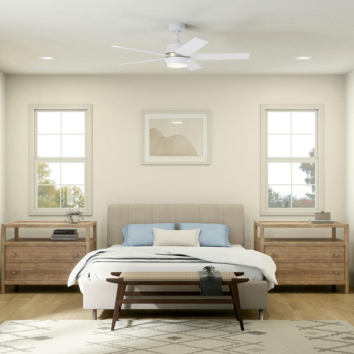 Day time bedroom featuring Maeve ceiling fan 300059MWH