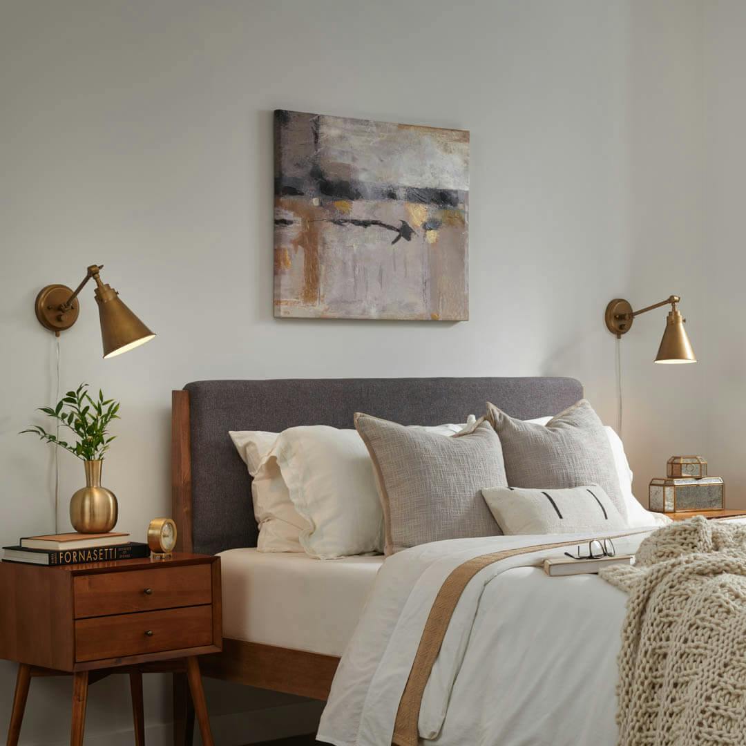 Day time bedroom with Rosewood 12 Inch 1 Light Plug-In Wall Sconce in Natural Brass 