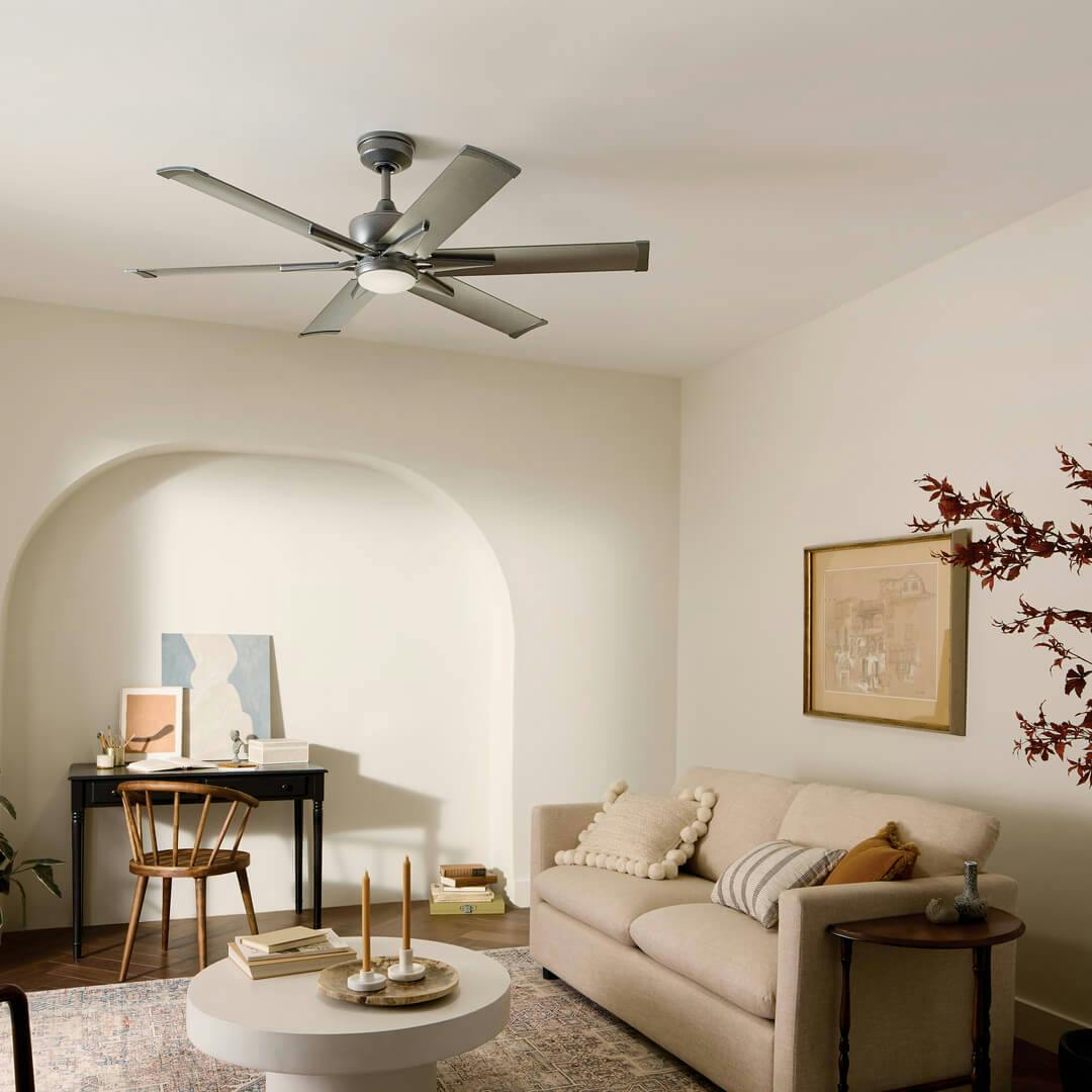 Day time living room with the Szeplo™ II LED 60" Fan Weathered Steel