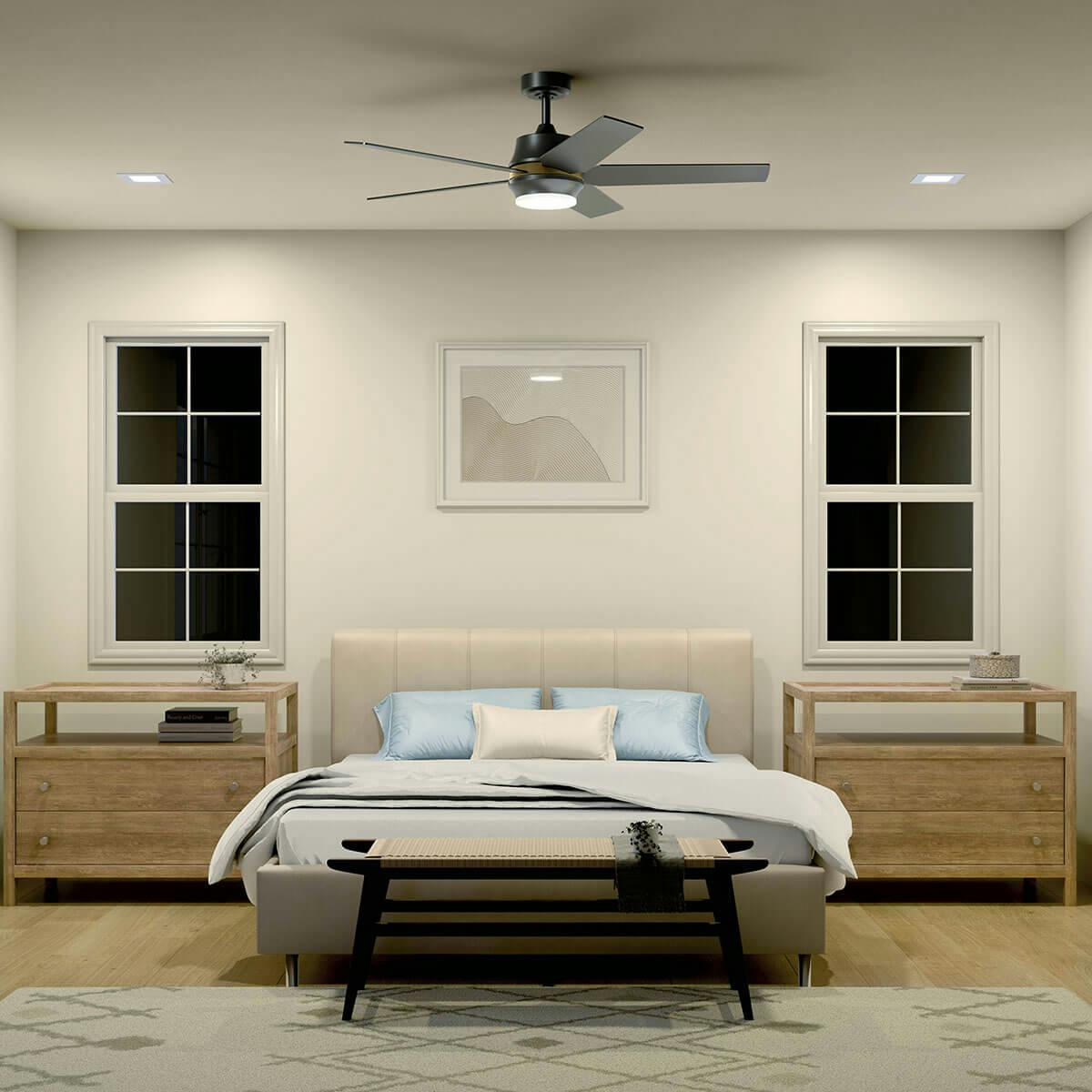 Night time bedroom image featuring Brahm ceiling fan 300059SBK