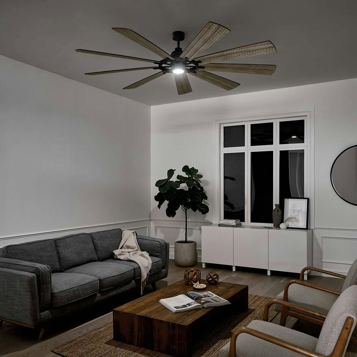 Night time living room image featuring Colerne ceiling fan 300285WZC