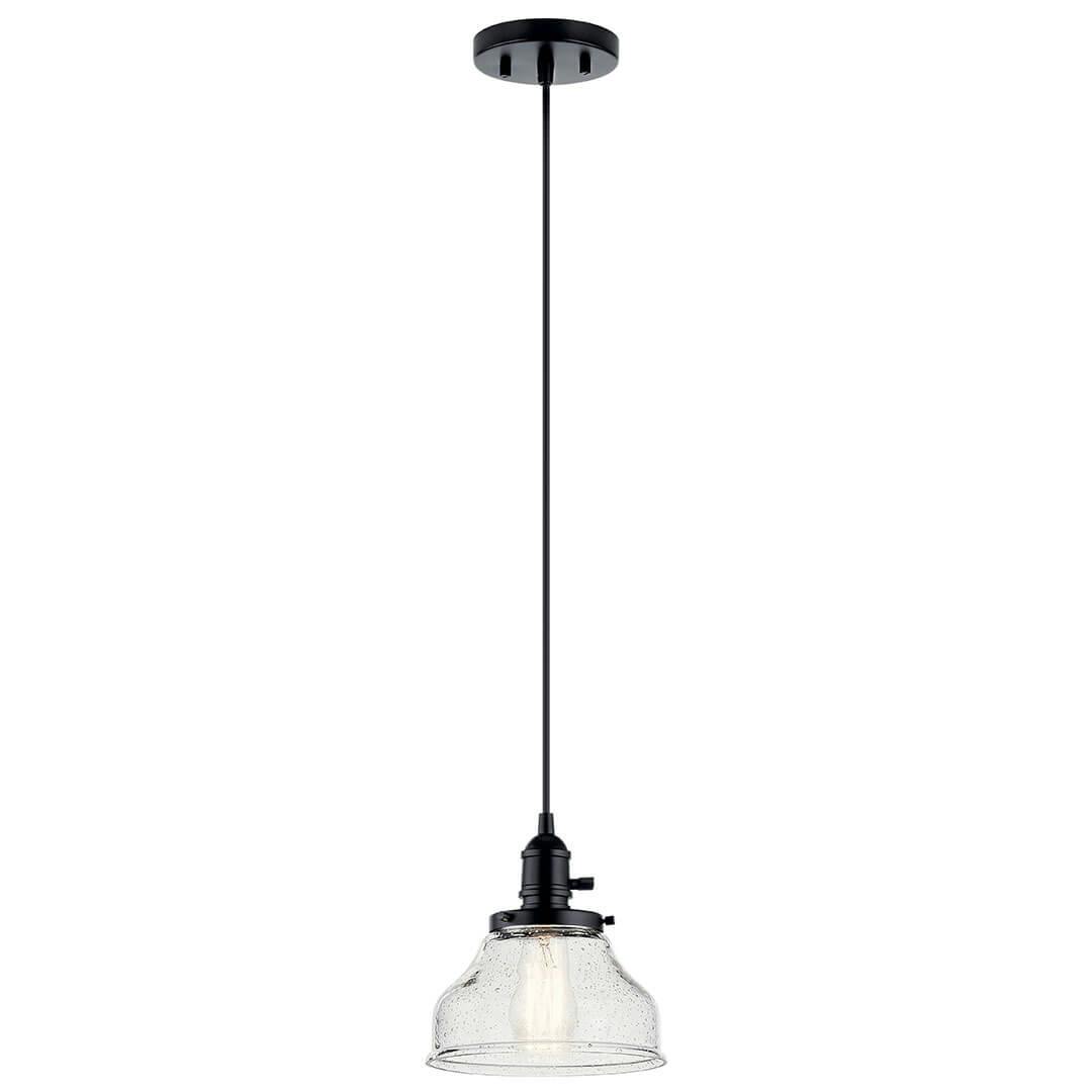 The Avery 8.5 Inch 1 Light Bell Mini Pendant with Clear Seeded Glass in Black on a white background