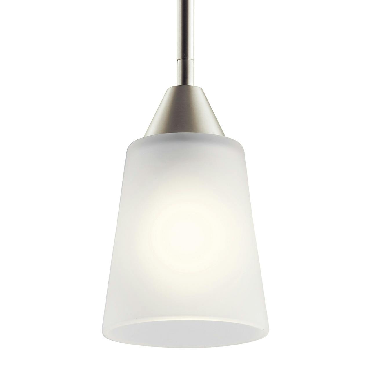 Close up view of the Skagos 1 Light Mini Pendant Nickel on a white background