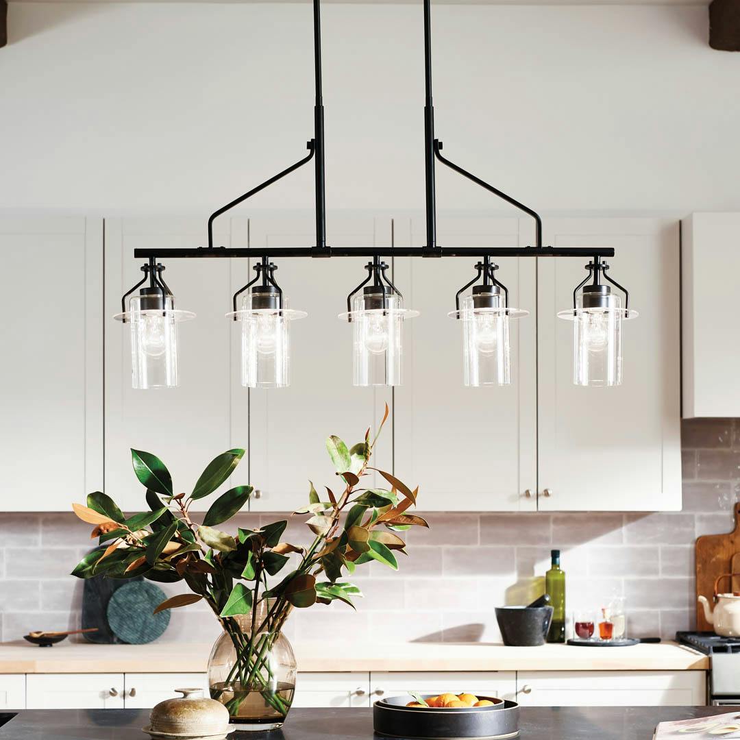 Day time kitchen with Everett™ 22.5" 3 Light Round Chandelier in a Black finish