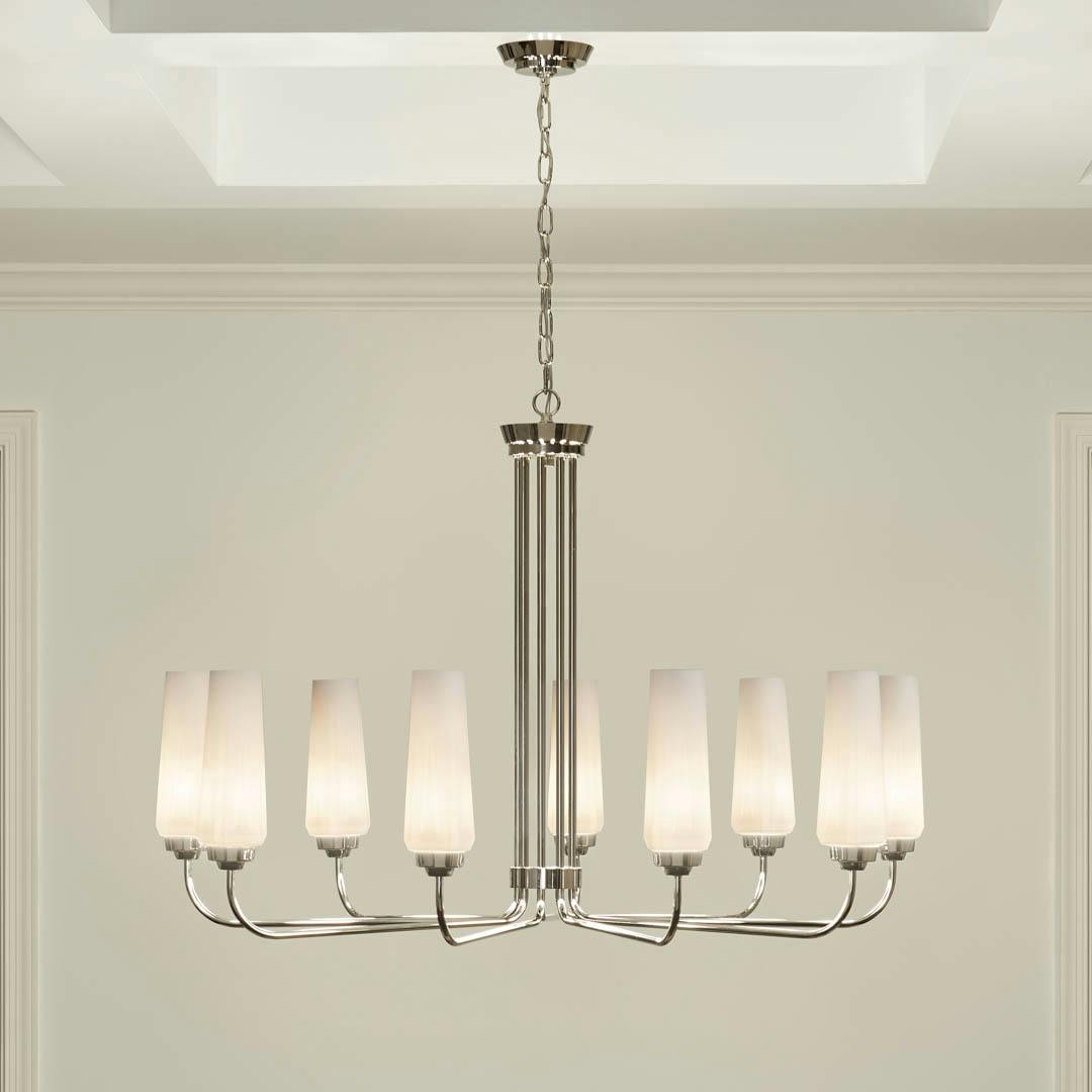 Night time dining room with Truby 9 Light Chandelier Polished Nickel