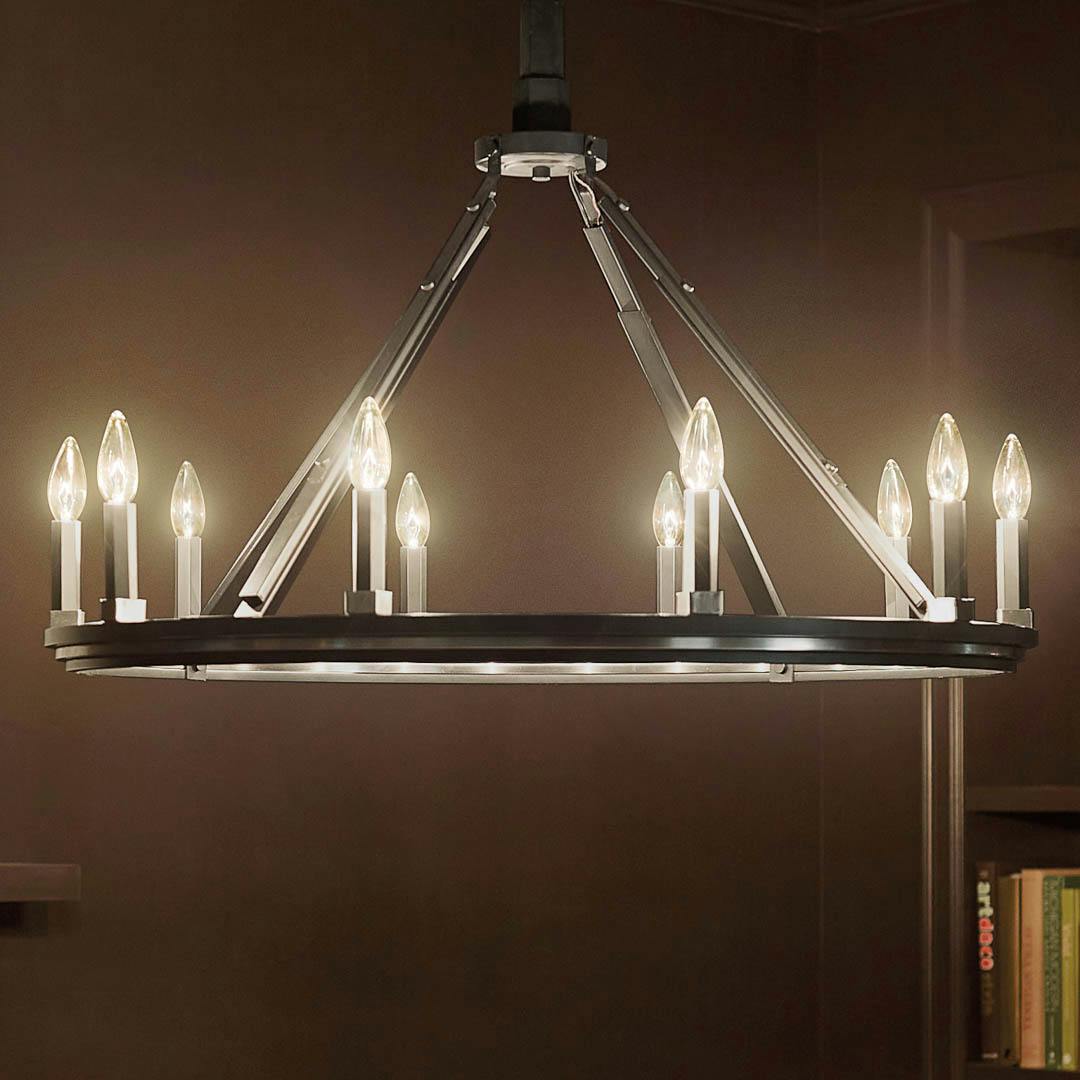 Night time dining room with Emmala™ 27.50" 10 Light Chandelier in Brushed Nickel and Black
