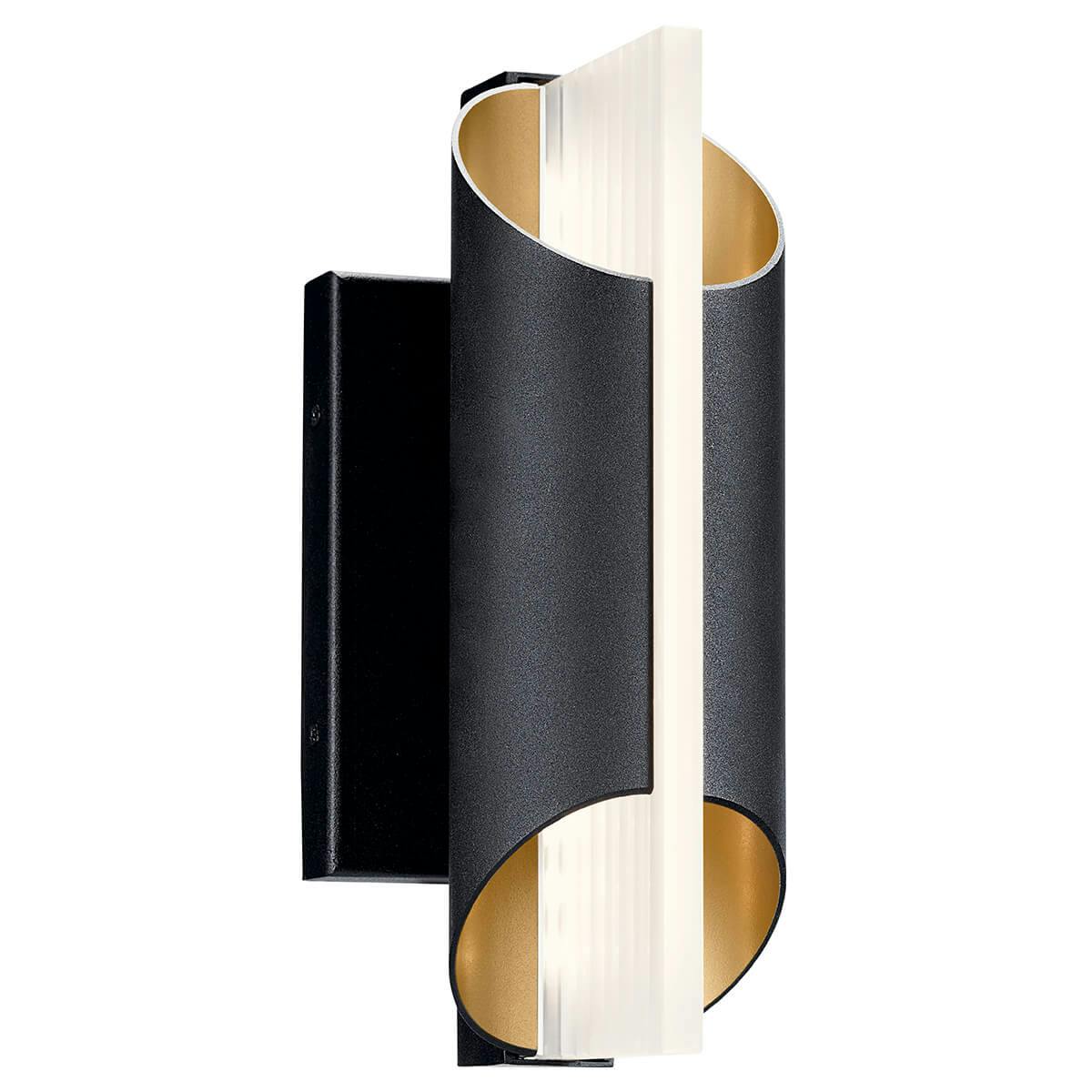 Astalis™ 12" LED Wall Light with Clear Ribbed Glass Textured Black and Burnished Gold on a white background