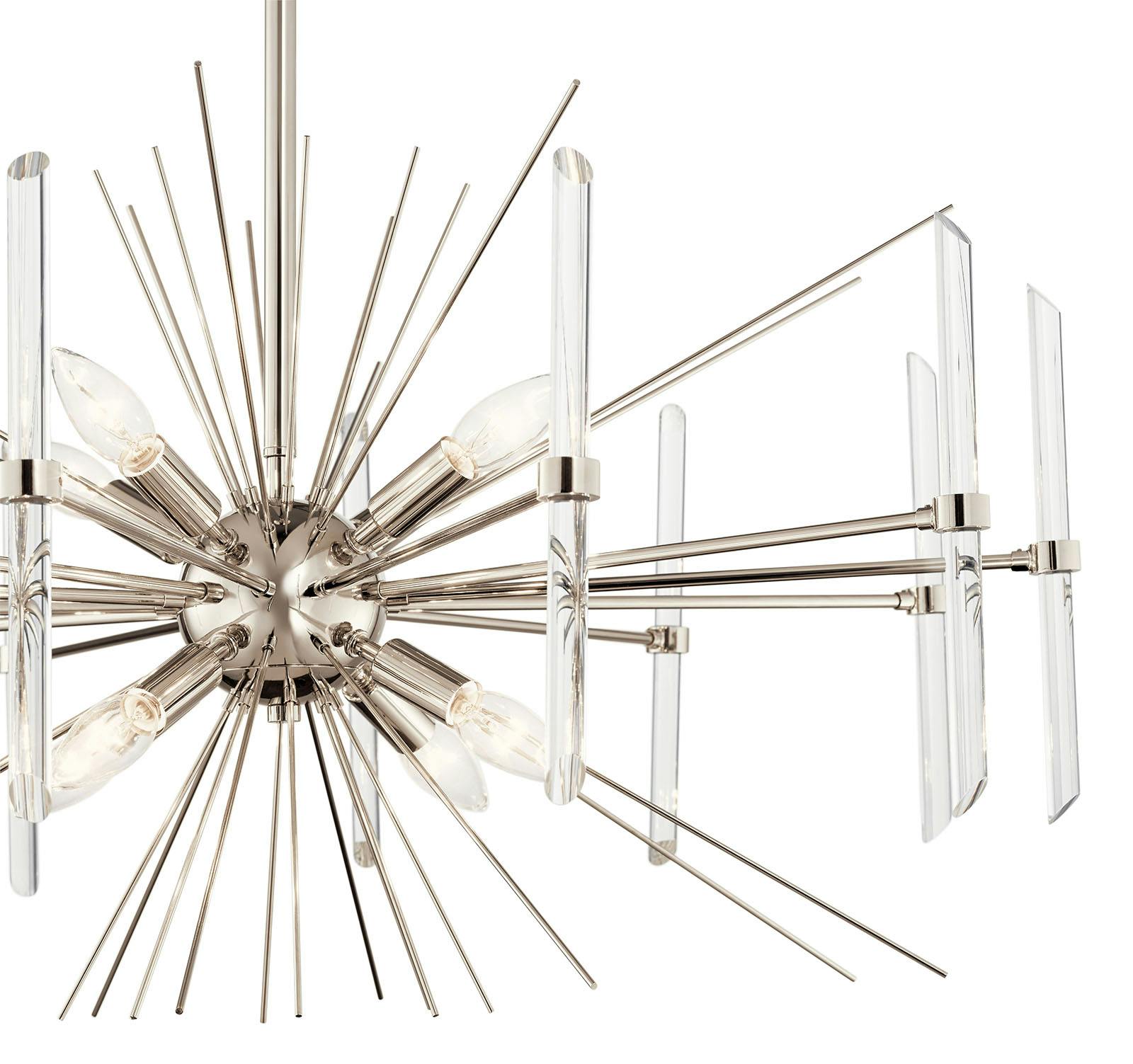 Close up view of the Eris Chandelier in Polished Nickel on a white background