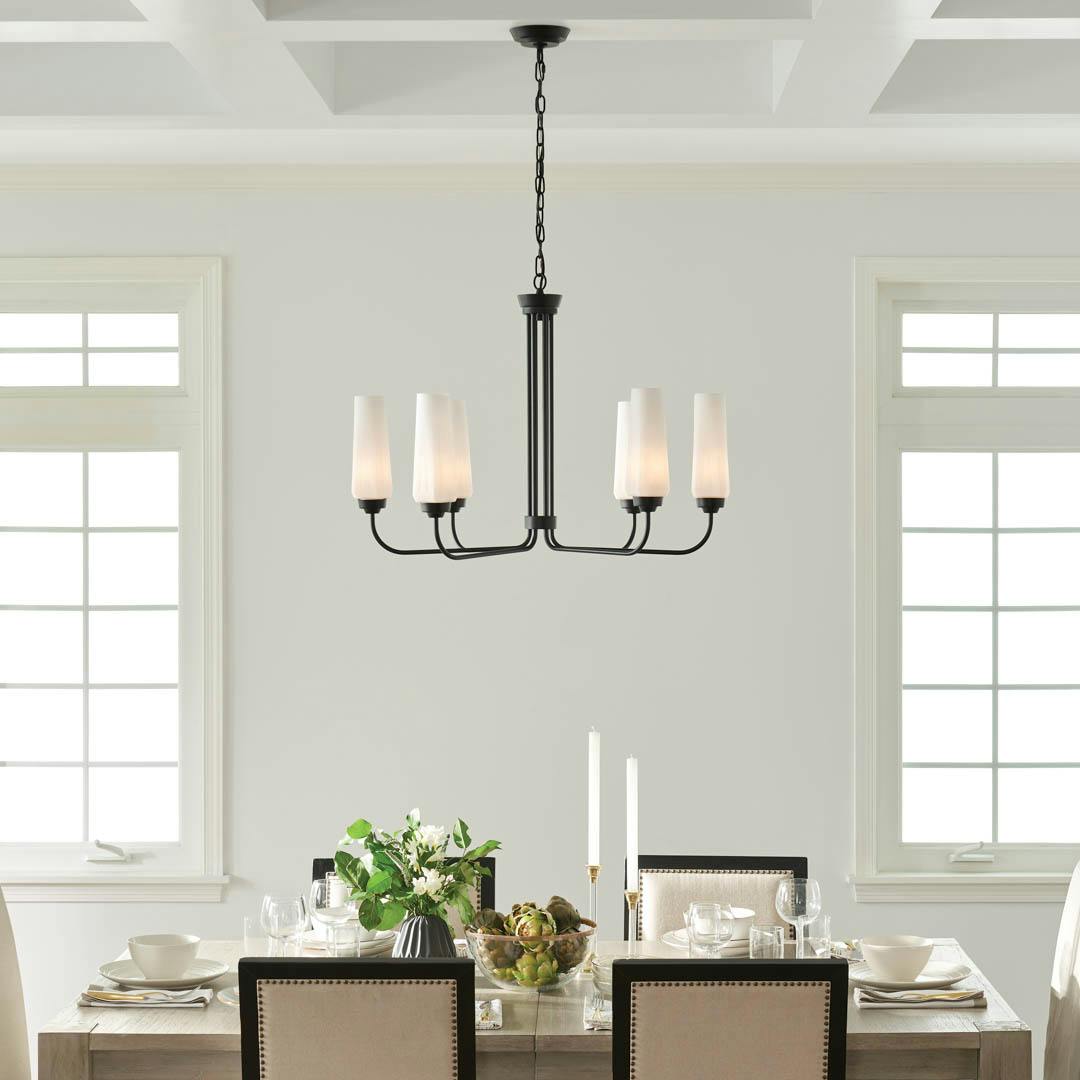 Day time dining room with Truby 6 Light Chandelier Black
