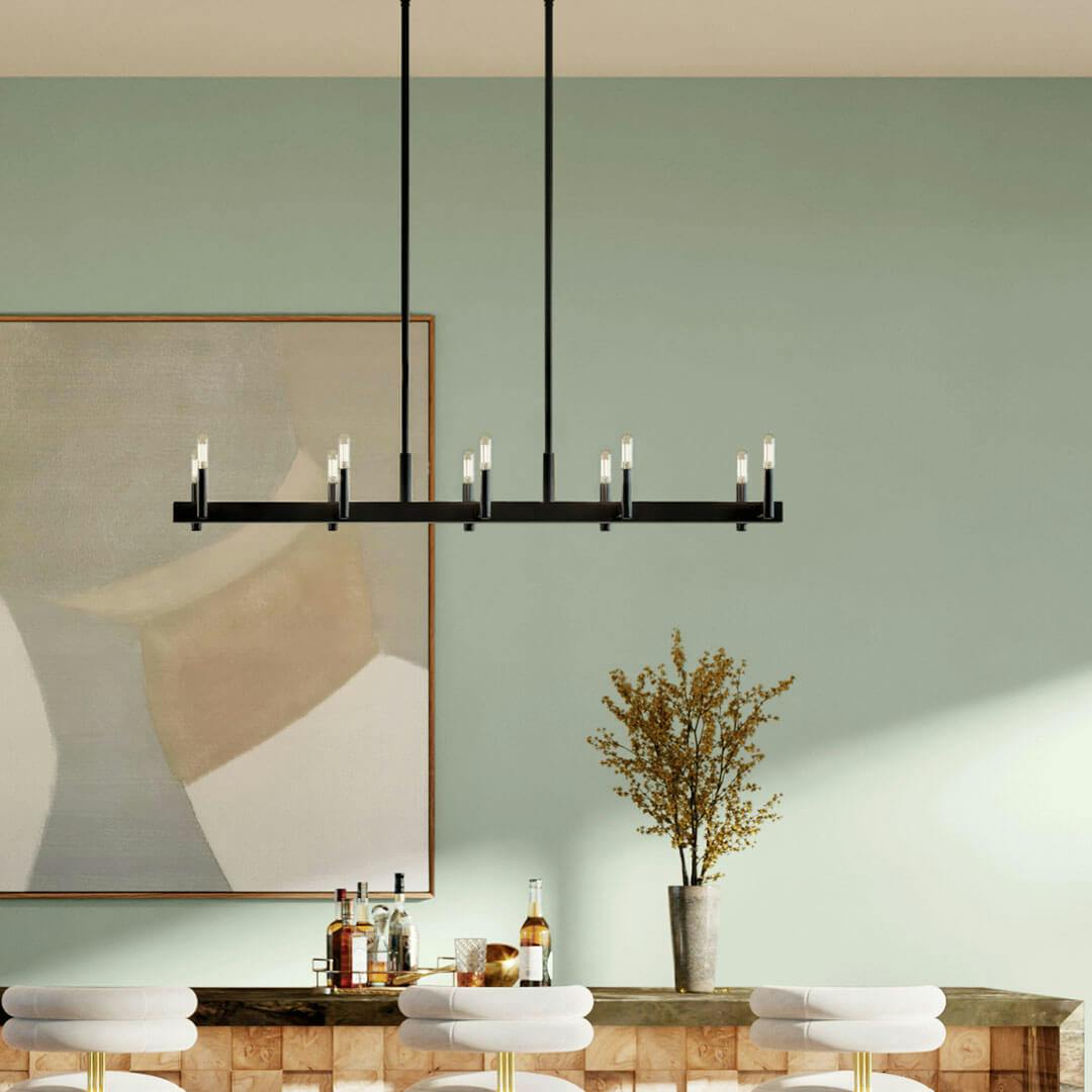 Bar in day light with the Erzo 50" 10 Light Linear Chandelier in Black