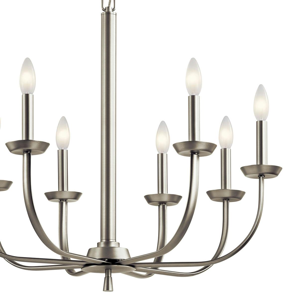 Close up view of the Kennewick 8 Light Chandelier Nickel on a white background