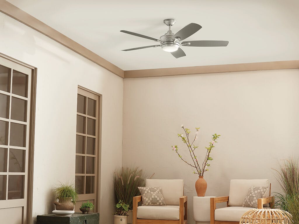 Close up view of the 56" Tranquil Ceiling Fan Brushed Nickel on a white background