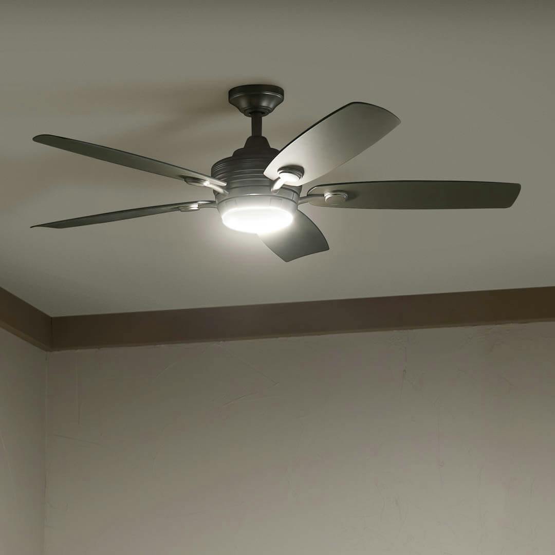 Night time interior with 56" Tranquil 5 Blade LED Outdoor Ceiling Fan Brushed Nickel